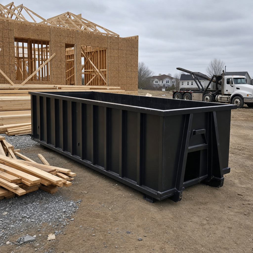 Matte-black 40-yard roll-off dumpster staged on a framed-out residential construction site in Layton, framing lumber stacked nearby, hooklift delivery truck visible in the background under bright Colorado daylight