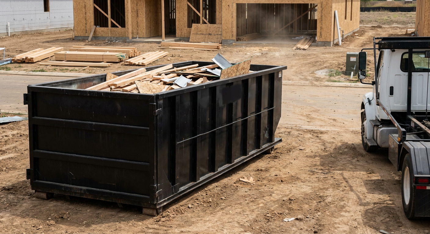 Matte-black 20-yard roll-off construction dumpster with heavy ribbed steel sidewalls and swing rear doors at a working jobsite in Layton, sitting directly on compacted dirt with an unmarked white hauler partially visible at the far edge of the frame.