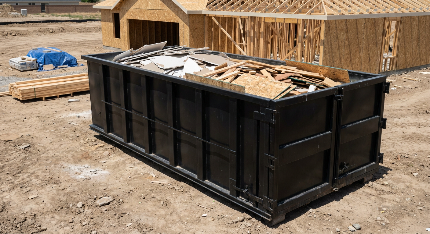 Matte-black 30-yard roll-off construction dumpster sitting directly on the compacted-dirt site of a framed single-family home build in Layton, drywall and lumber scrap loaded inside.
