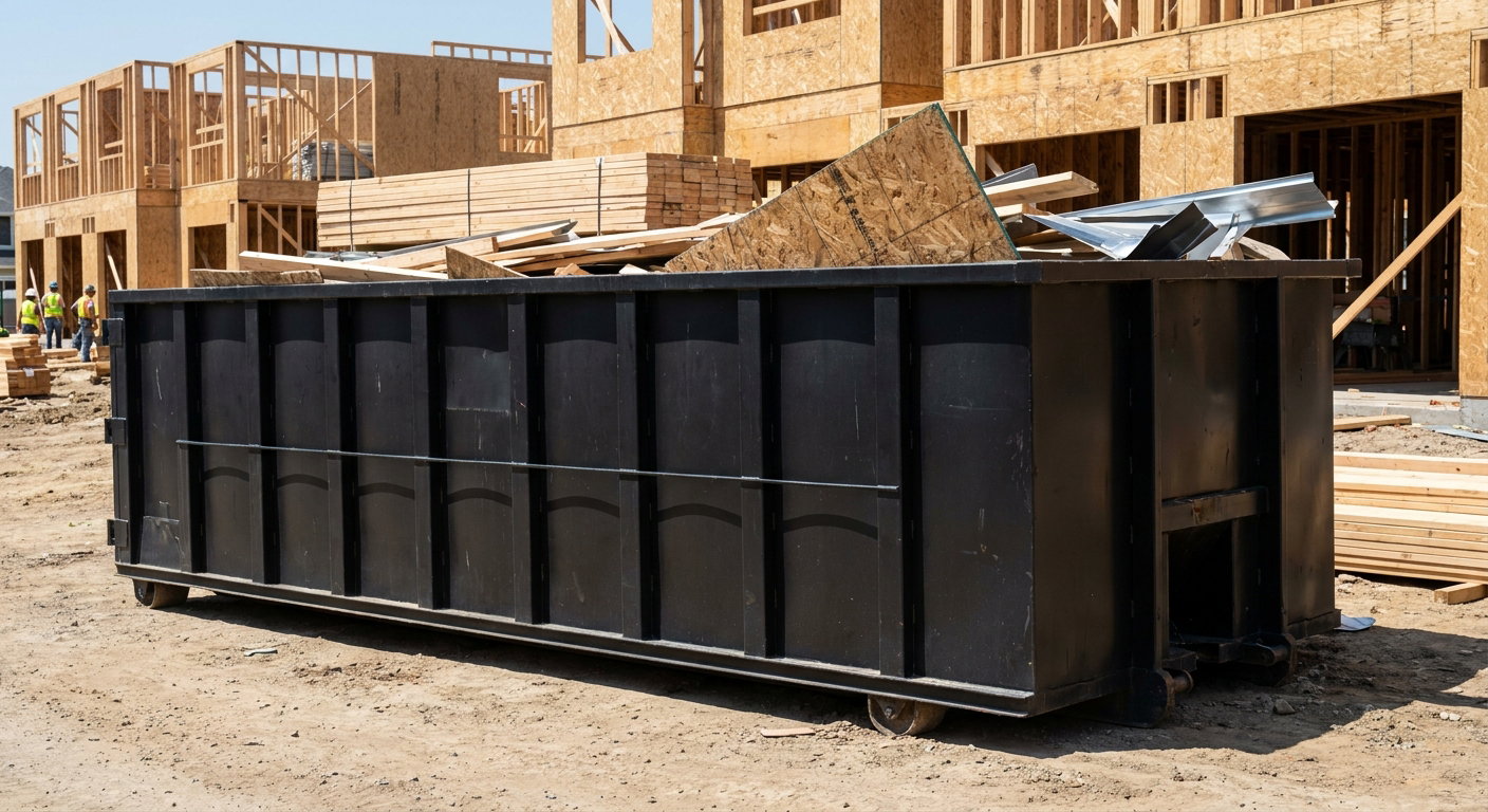 Matte-black 40-yard roll-off construction dumpster being lowered from a white-cab hooklift delivery truck onto the compacted-dirt jobsite at a commercial build site in Layton
