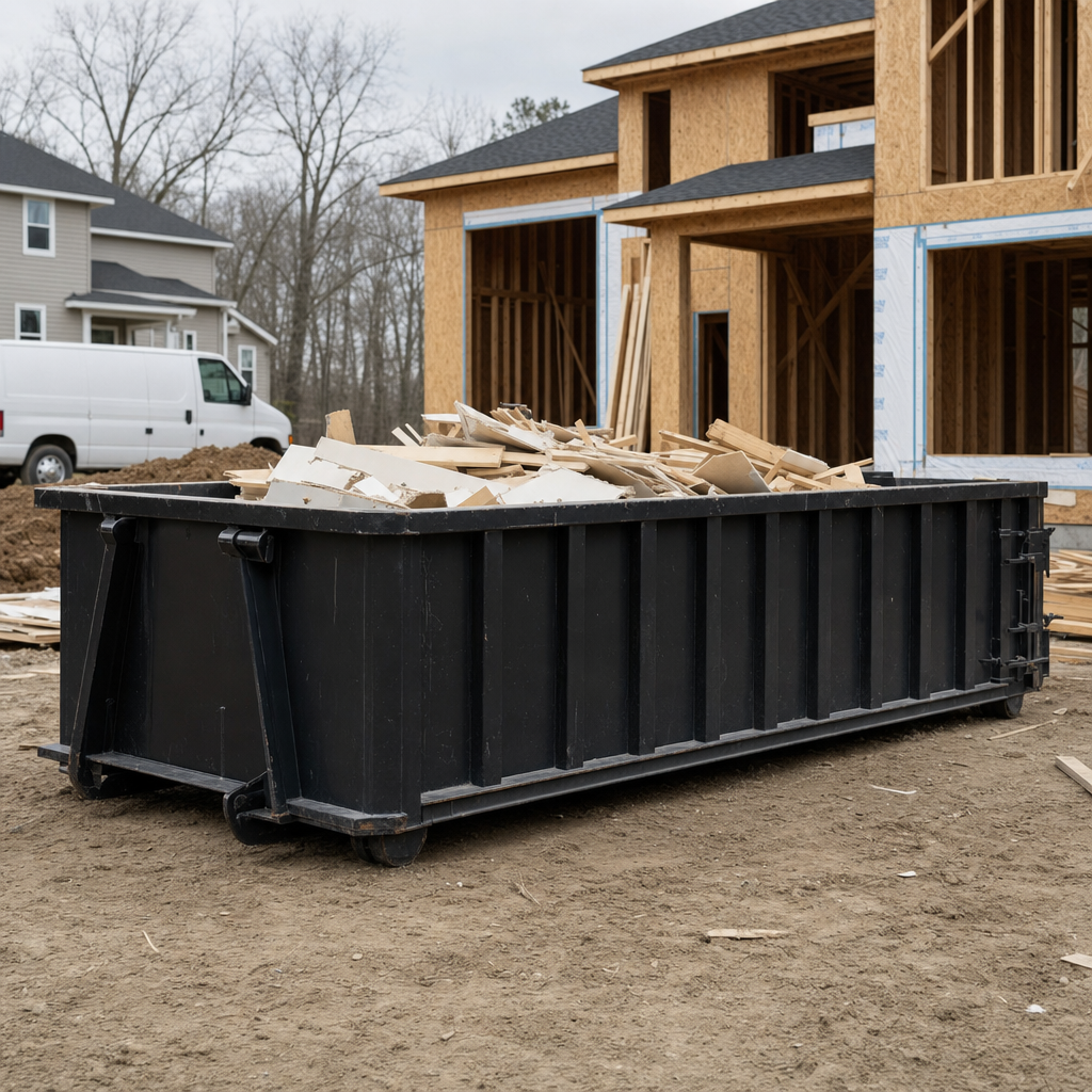 Worker in a yellow high-visibility vest tossing framing lumber and broken drywall into a matte-black 30-yard construction roll-off dumpster on an active build site in Layton, bright daylight