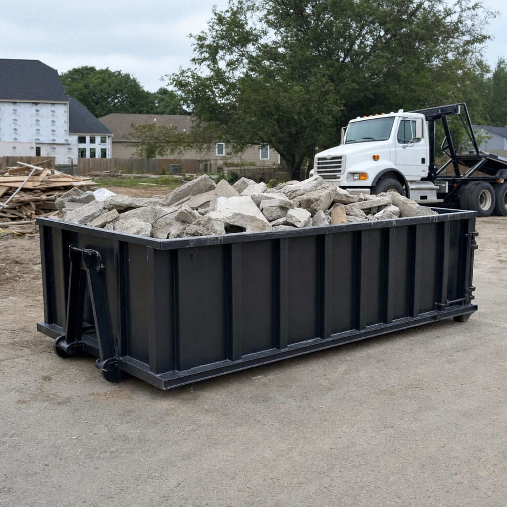 Low-profile matte-black lowboy roll-off dumpster loaded with broken concrete slab and rebar at a foundation tear-out in Layton, skid steer parked beside it, sunny Colorado morning