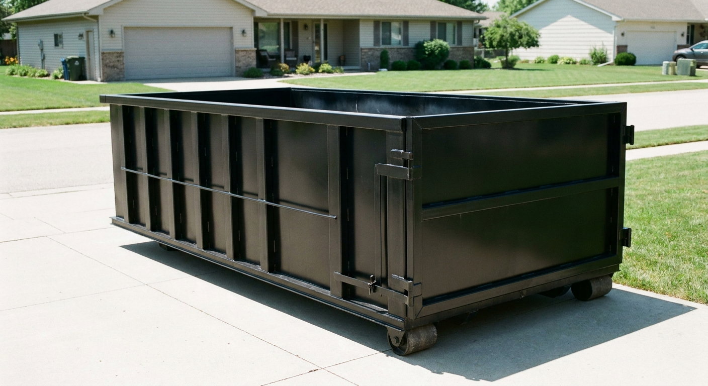 Matte-black 10-yard roll-off dumpster on a residential concrete driveway in Layton, uniformly painted matte black across every panel and rail, ribbed steel sidewalls and rear swing door visible, mid-day daylight.