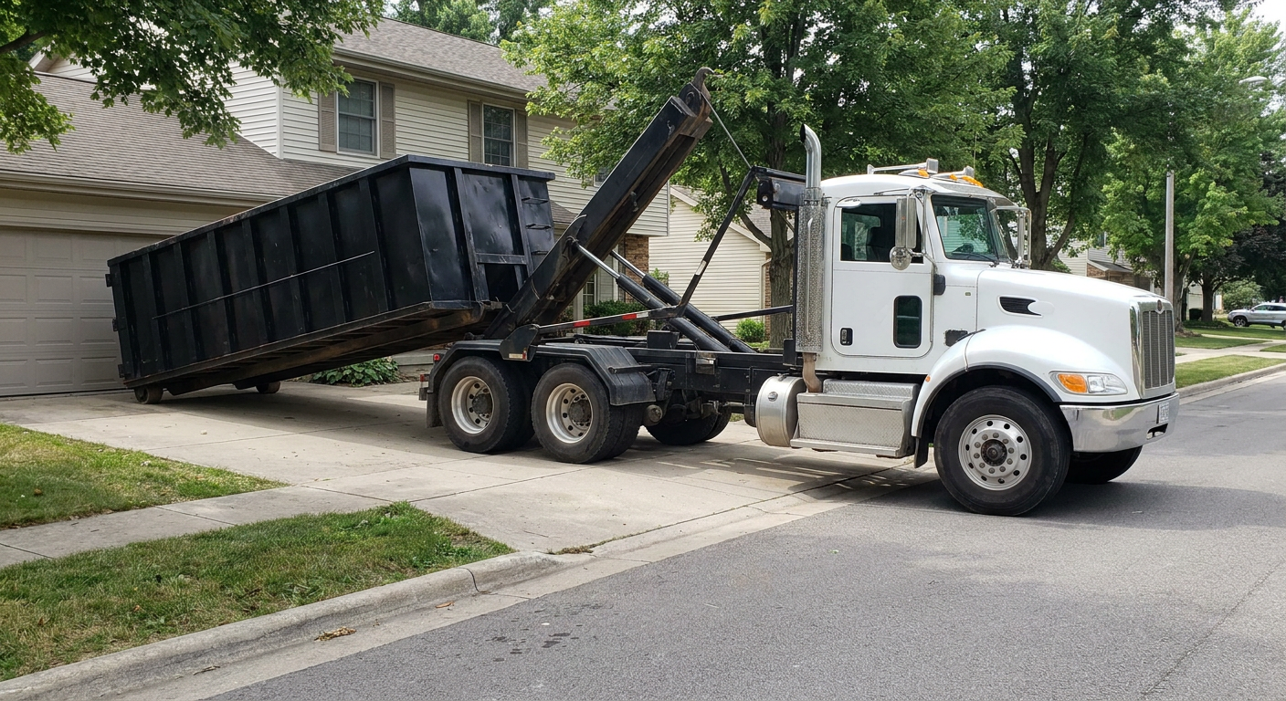 White-cab hooklift roll-off truck actively lowering a matte-black dumpster onto a Layton residential concrete driveway, the dumpster's rear wheels touching the driveway as the hoist arm tilts the bed forward, mid-morning daylight.