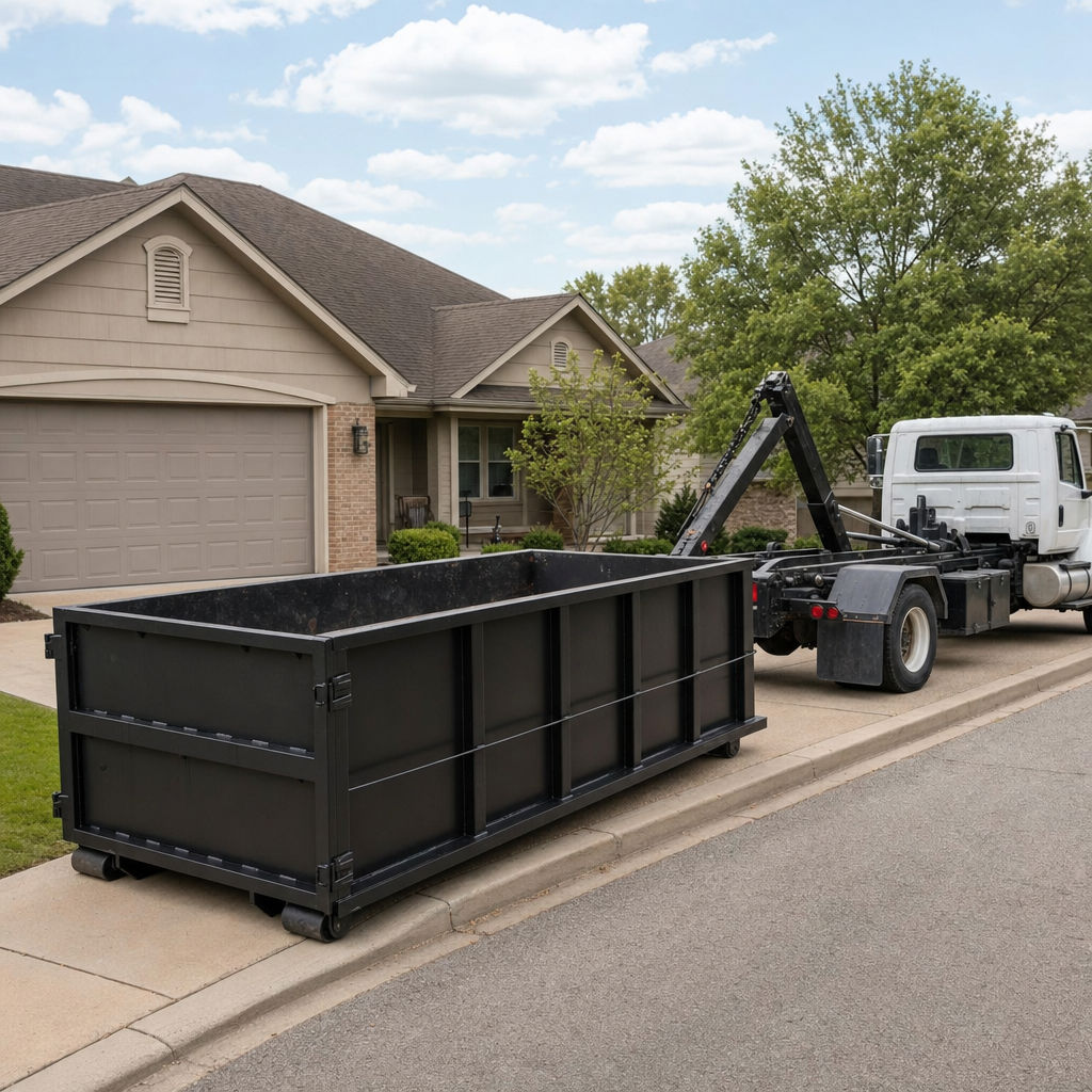 Wide documentary shot of a matte-black roll-off dumpster on a Layton residential driveway in the foreground and a contractor jobsite container in the soft-focus background, bright daylight, calm and orderly composition.