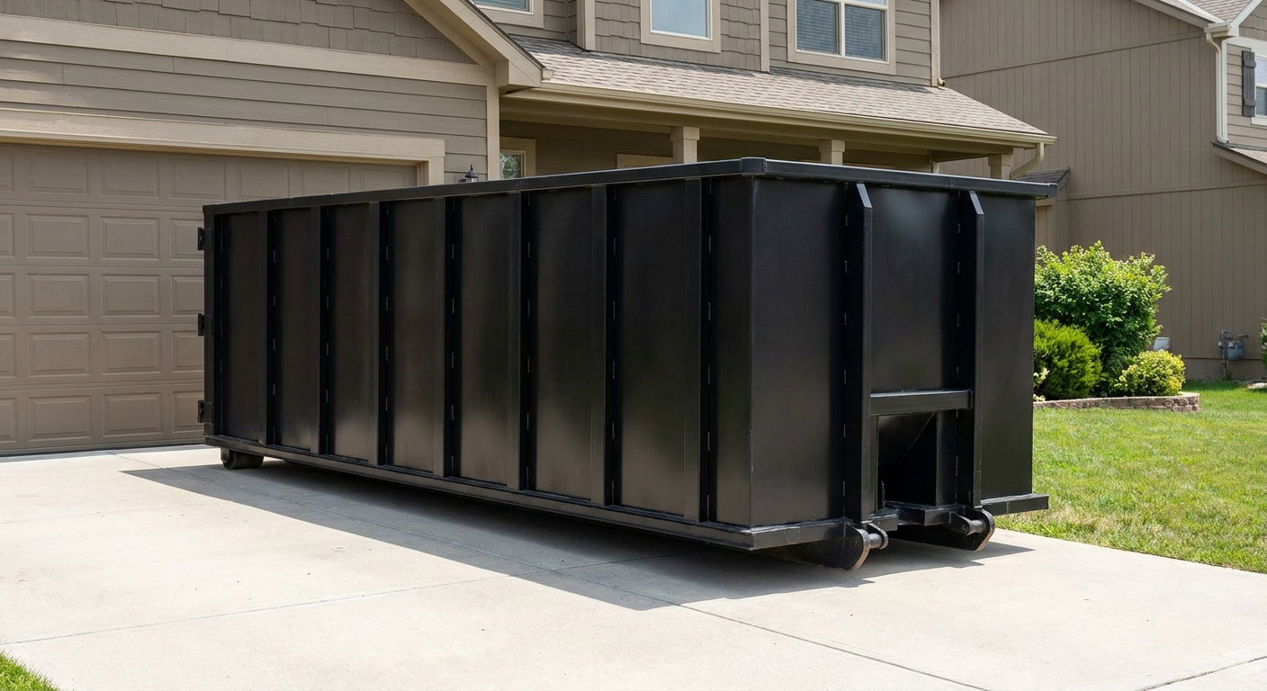 Matte-black residential roll-off dumpster sitting directly on a suburban Layton concrete driveway, garage door closed, single-family home in background, bright morning daylight.