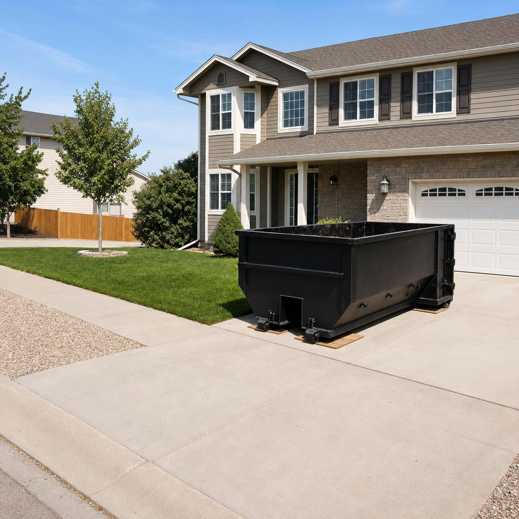 10-yard matte-black residential dumpster placed directly on a narrow Layton concrete driveway, room remains for a parked sedan beside it, mid-morning natural light