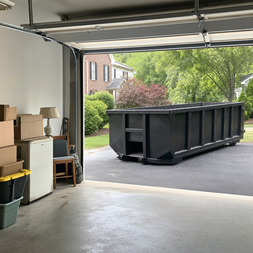 Open garage interior in a Layton home mid-cleanout — boxed items, an old appliance, and stacked yard tools queued near the driveway for a matte-black roll-off dumpster, organized and calm