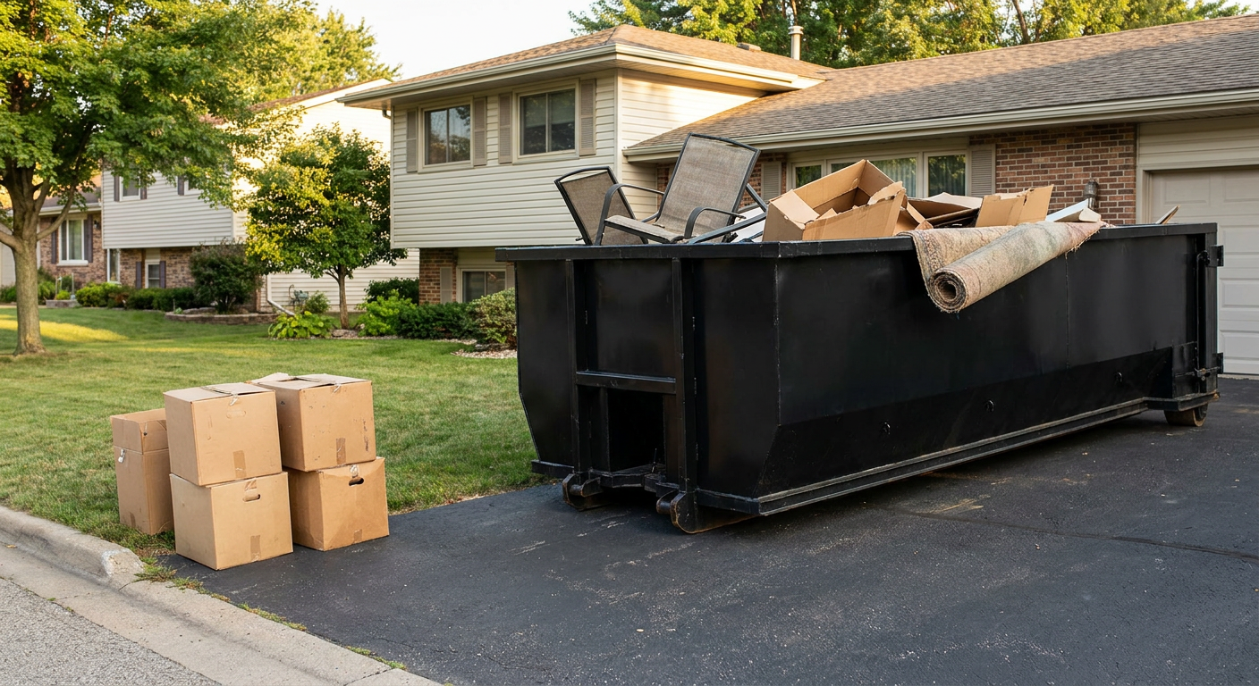 Front-yard view of a Layton split-level home with a 20-yard matte-black roll-off dumpster sitting directly on the asphalt driveway, a few clearly labeled donation boxes staged at the curb, calm sunny afternoon.