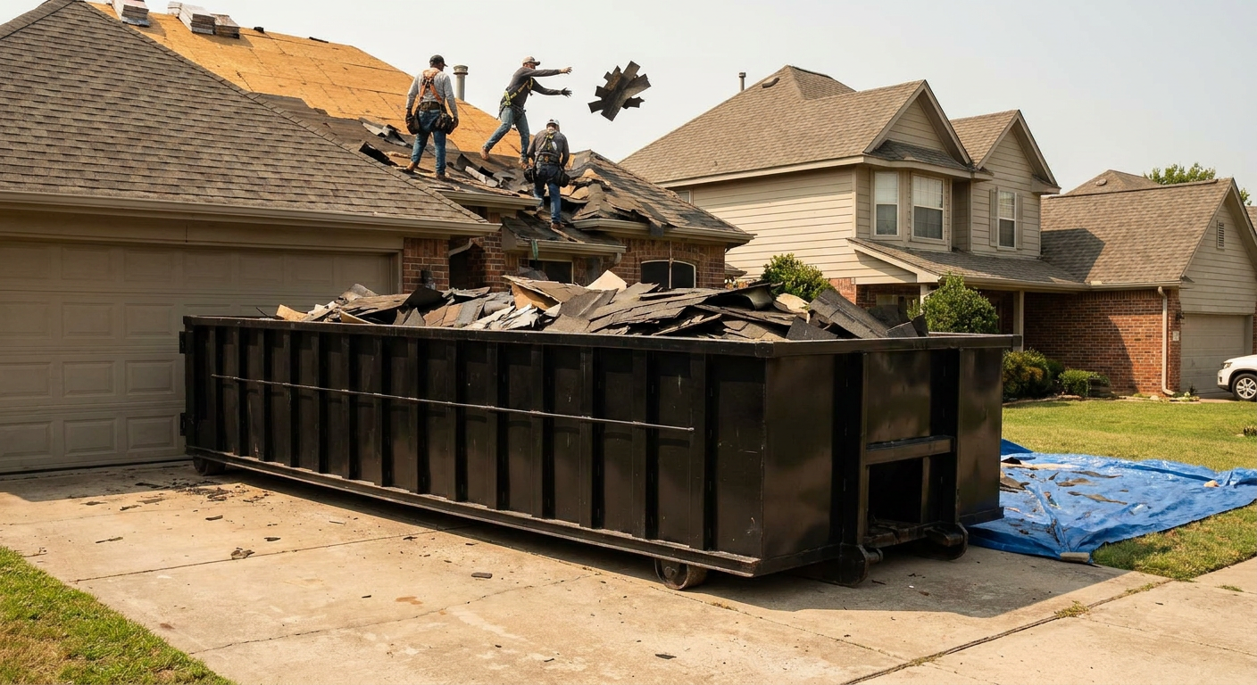 Matte-black roofing roll-off dumpster placed directly on a Layton residential concrete driveway, a tear-off crew on a two-story asphalt-shingle roof tossing shingle bundles into the low-walled container, bright daylight, documentary 35mm perspective.