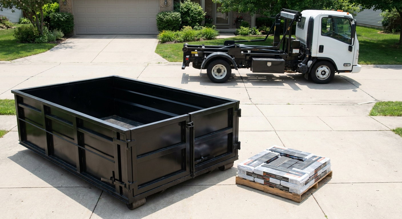 Matte-black 15-yard roofing roll-off dumpster with reinforced low side walls sitting directly on a Layton residential concrete driveway, three-tab asphalt shingle bundles stacked nearby, an unmarked white hauler truck partially visible at the edge of the frame.