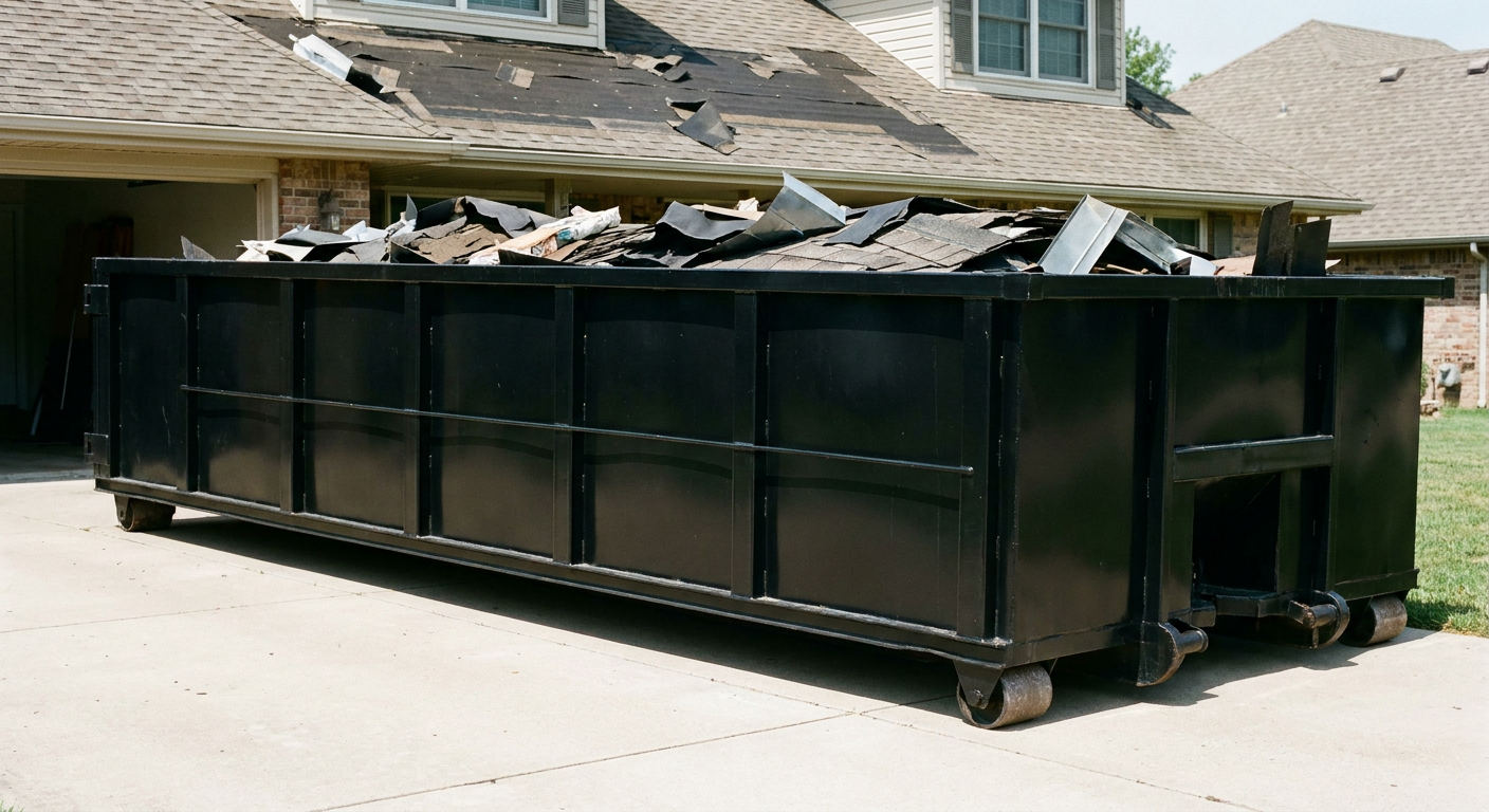 Matte-black 20-yard roofing roll-off dumpster with steel ribbed sides and swinging rear door, sitting directly on the concrete driveway of a two-story Layton home, asphalt shingle debris being loaded over the low wall, clean documentary lighting.