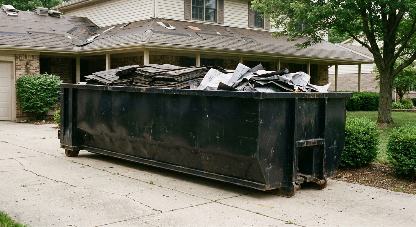 Matte-black 30-yard roofing roll-off dumpster sitting directly on a Layton concrete driveway, taller ribbed steel side panels, mixed tear-off debris of asphalt shingles and underlayment inside, professional documentary daylight.