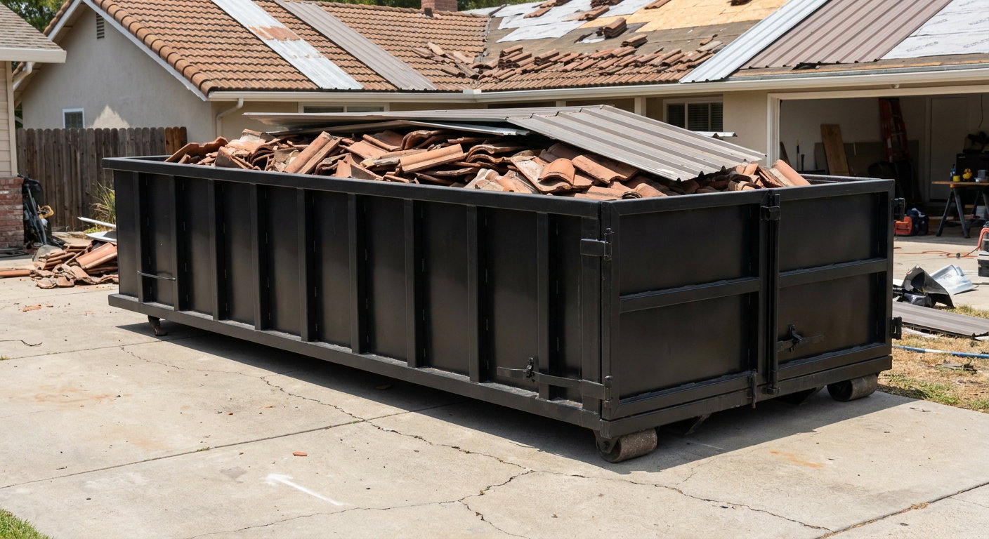 Matte-black low-wall heavy-debris roofing roll-off dumpster sitting directly on a Layton concrete driveway, broken concrete clay roof tiles and metal panel sections loaded inside, reinforced ribbed steel side walls visible, bright outdoor daylight.