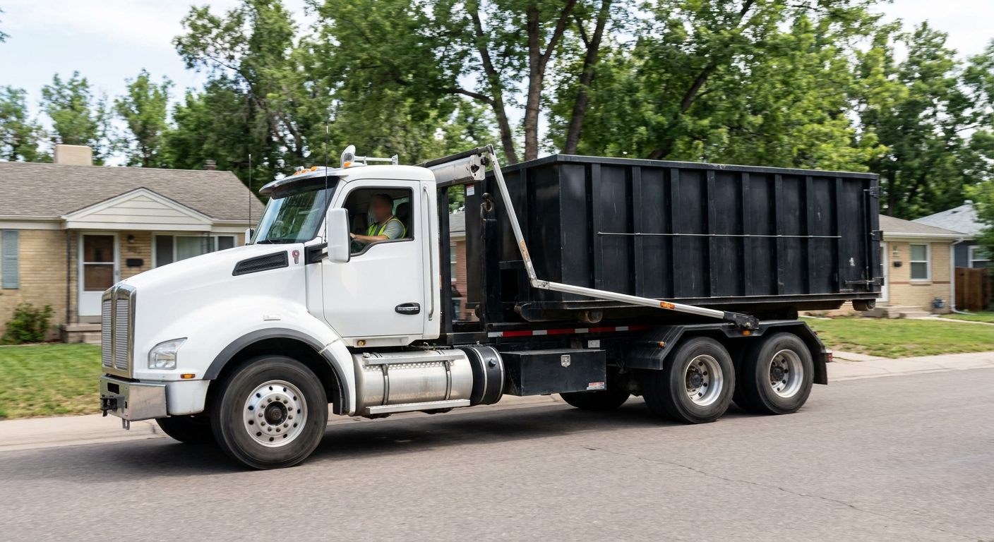 A wide documentary shot of a matte-black roll-off delivery truck pulling onto a quiet Layton residential street at mid-morning, with neighborhood rooftops and tree-lined blocks visible behind, showing the metro coverage footprint.