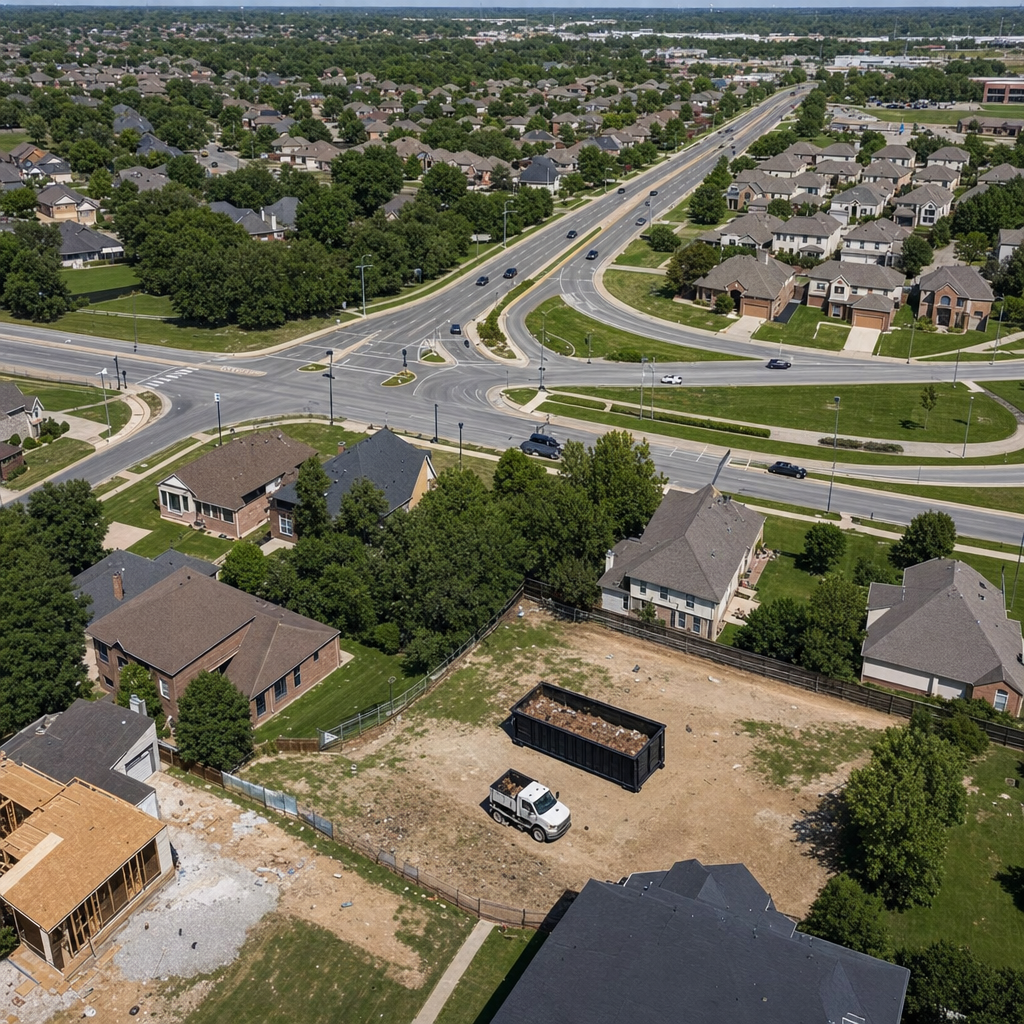 An overhead documentary view of the Layton metro area at midday, showing the spread of neighborhoods, arterial roads, and the dispatch radius from a central yard — clean daylight, organized geographic layout.