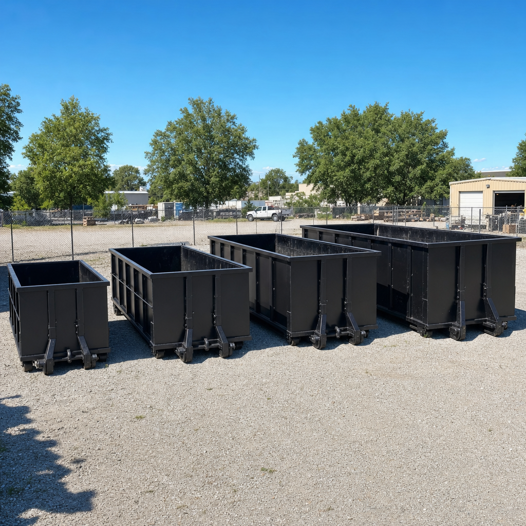 A clean lineup of matte-black roll-off dumpsters in 10, 20, 30, and 40-yard sizes staged on a sunlit gravel yard in Layton, showing the size progression from compact to commercial-scale containers.