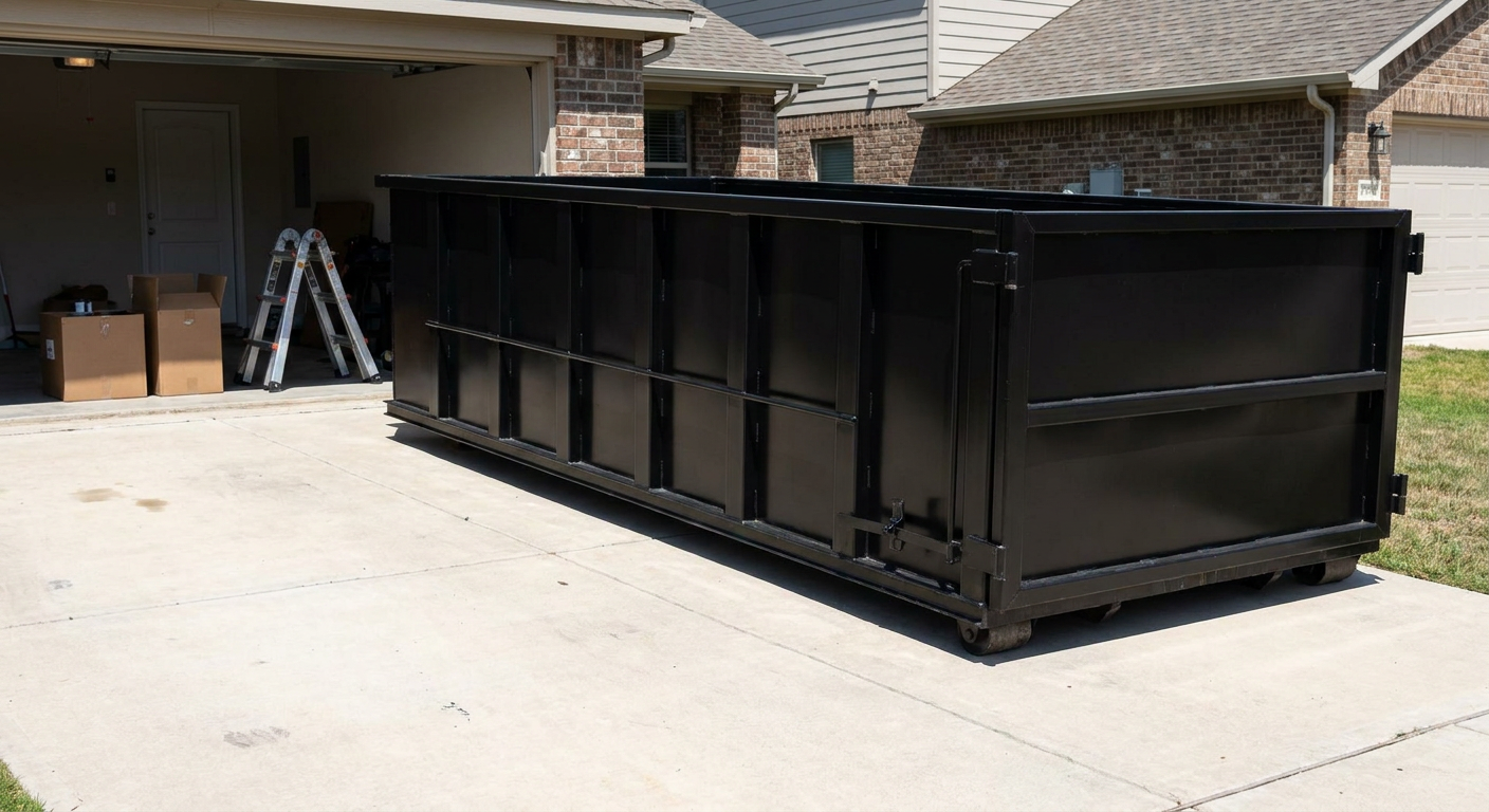 A matte-black 10-yard roll-off dumpster sitting directly on a residential Layton concrete driveway, mid-day sunlight, clean and ready for a garage cleanout.