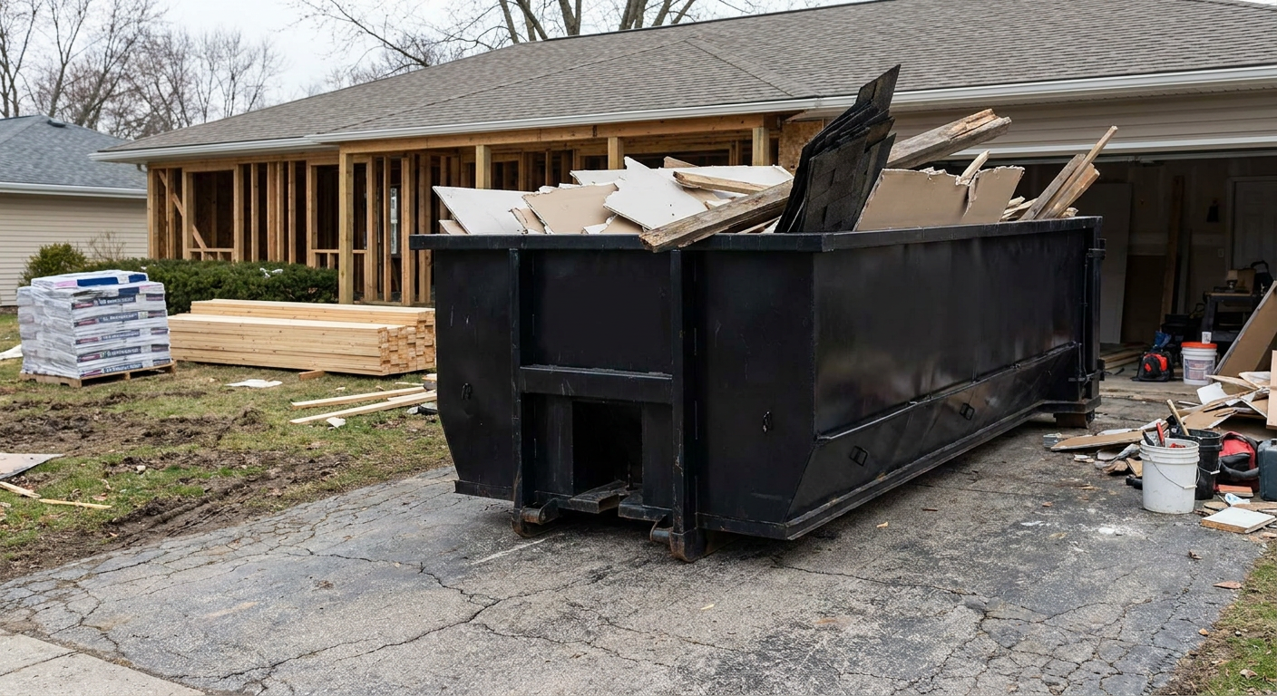 A matte-black 20-yard roll-off dumpster placed alongside a mid-renovation Layton home directly on the asphalt driveway, with framing materials and torn-off shingles staged neatly nearby.