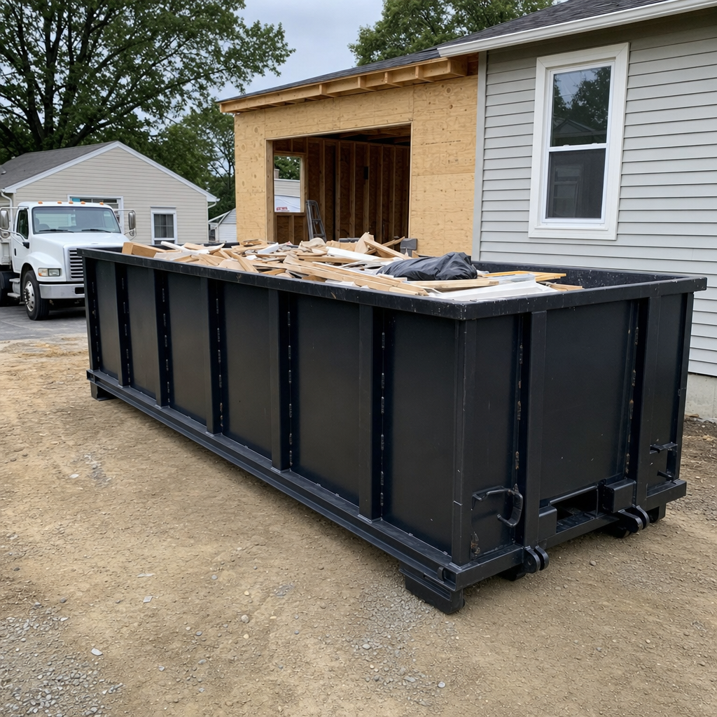 A matte-black 30-yard roll-off dumpster positioned at a Layton residential addition jobsite, with framing lumber and drywall scraps loaded through the open swinging rear doors.