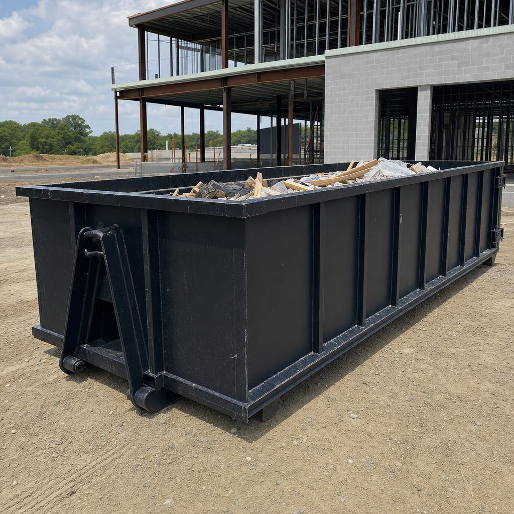 A matte-black 40-yard roll-off dumpster staged on a large Layton commercial construction lot, with a hooklift delivery truck parked alongside under bright midday sky.