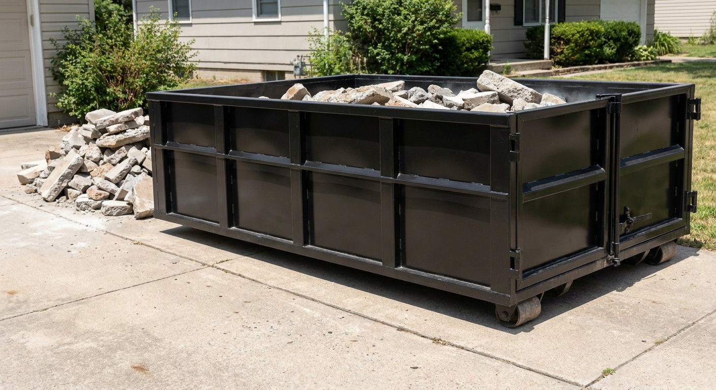 A matte-black low-side heavy-debris roll-off dumpster placed directly on a Layton concrete driveway, with broken concrete chunks neatly stacked beside it under clean daylight.